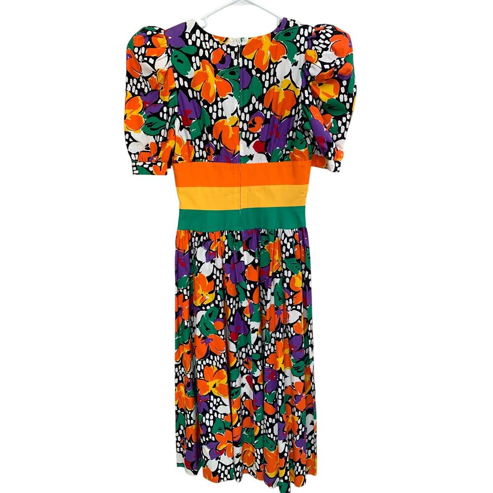 Woman's Vintage Leslie Lucks Color Explosion Cotton Flower Dress Size 6 - Picture 3 of 7